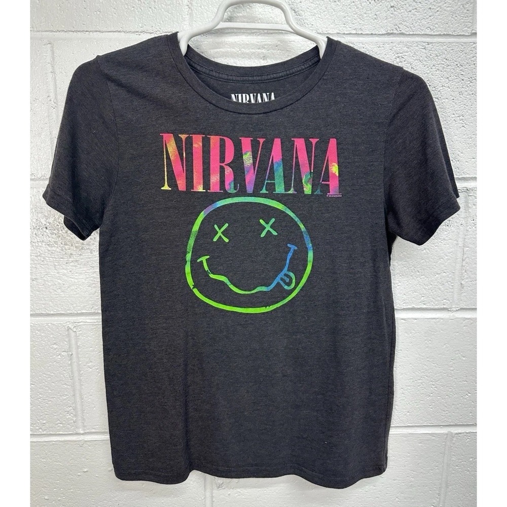 Nirvana Black Rainbow Smiley‎ Face Shirt Grunge Grohl Seattle / Women's Large